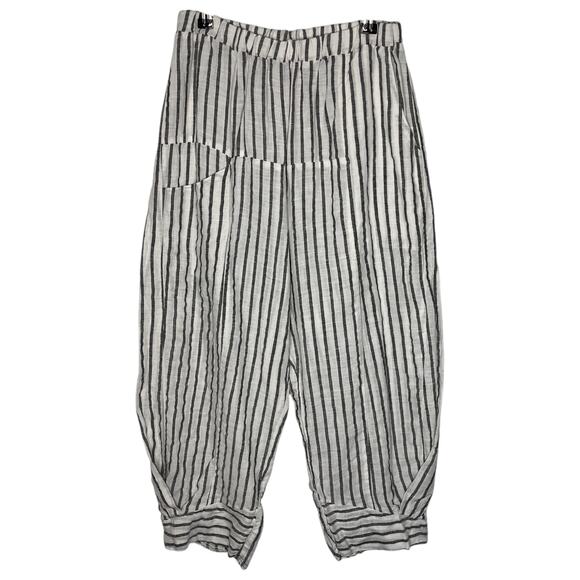 Cynthia Ashby Women's Barrel Pants S Marco Linen Cream Black Striped Boho Crop